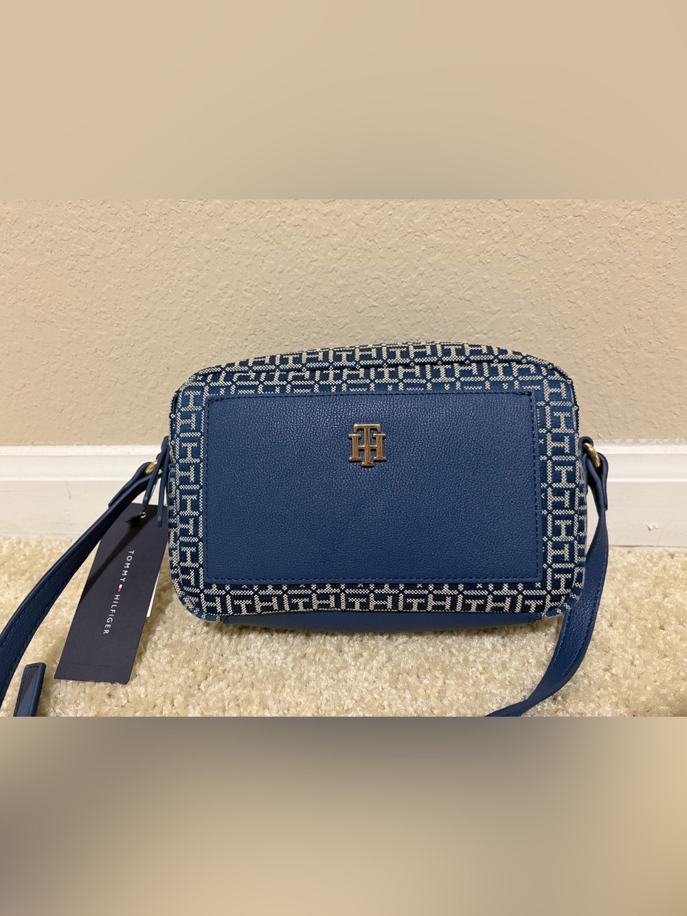 Tommy Hilfiger Navy and Cream Monogram Crossbody Bag